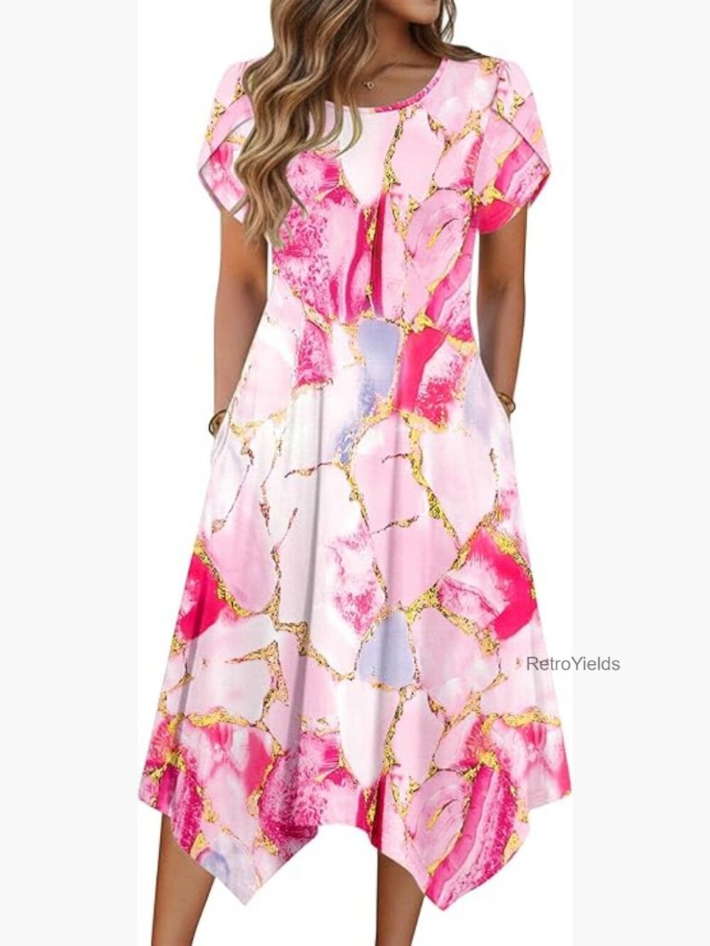 Womens Casual Summer Midi Dress with Pockets Flowy A-Line Beach Dress Short
